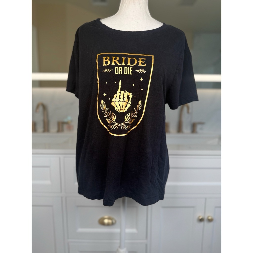 Sonoma Bride Or Die T-Shirt Womens L Black Cotton Skeleton Gold Foil Wedding Tee